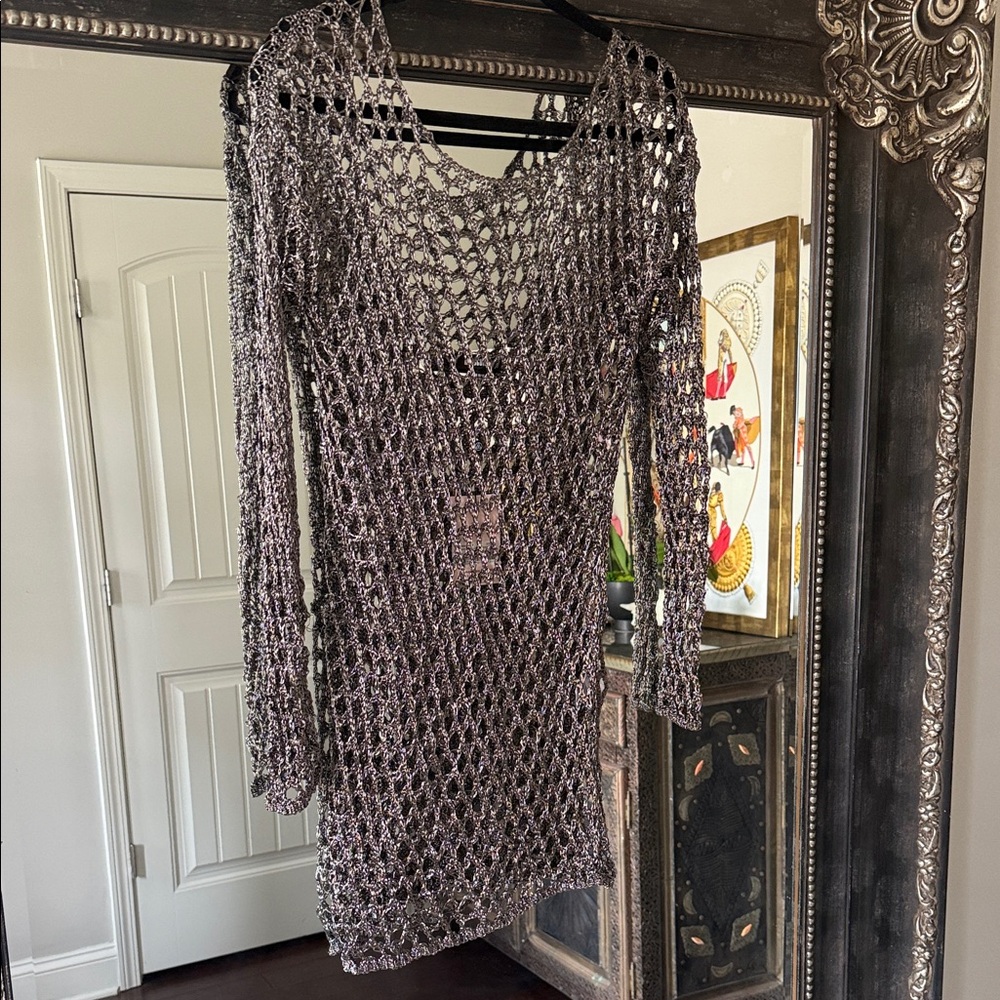 Missguide Pewter Grey Metallic Crochet Long-Sleeve Swim Coverup